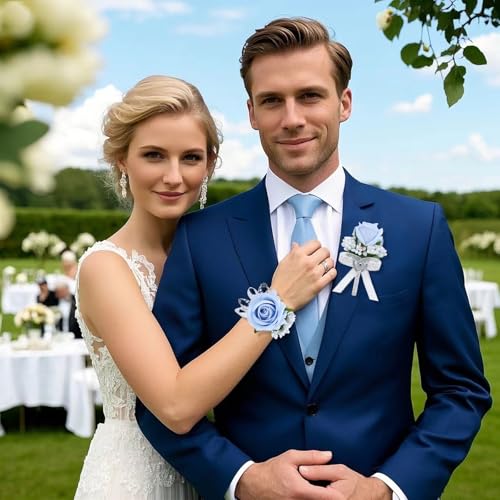 2Pcs Light Blue Rose Corsage and Boutonniere Set, Artificial Wrist Corsage Wristlet Bracelets, Men Boutonniere for Wedding Party Homecoming Formal Dinner Flowers Accessories Prom Suit Decor - color: Light Blue