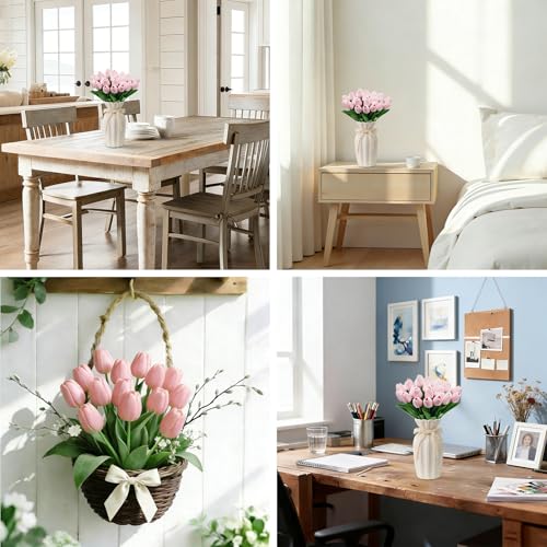 25Pcs Tulips Artificial Flowers, Faux Tulips Artificial Tulips Real Touch Tulip Fake Flowers Bouquets for Spring Wedding Home Kitchen Office Party Decor (Pink) - color: Pink