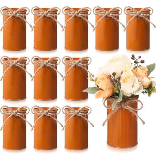 Rustic Vase for Table Centerpieces 4.33 Inch Small Petite Flower Vase with Twine Bow Vintage Farmhouse Decor for Wedding Reception Dining, Home Galvanized Metal Buckets(Dark Amber,12 Pcs) - color: Dark Amber