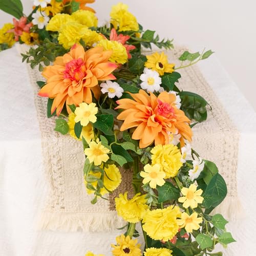 GENMOUS Artificial Dahlia Daisy Flower Garland Decor, 5.3Ft Spring/Summer Fall Garland Floral Garlands for Indoor Outdoor Home Wedding Arch Porch Stair Backdrop Year Round Decor (Yellow Orange)