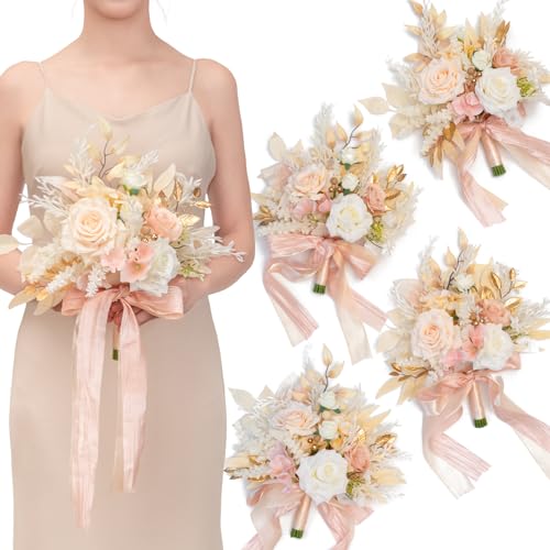 TINGE TIME Bridesmaid Bouquets for Wedding Set of 4 Champagne & RougePink 7 Inch Wedding Bouquets Artificial Silk Flowers Bridal Bouquets for Bridesmaids, Wedding Decor, Anniversary - color: Champagne&pink