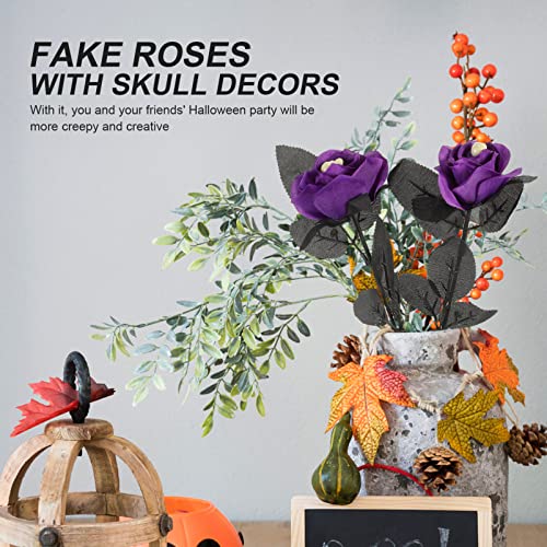 Vaguelly Halloween Flowers 10Pcs Artificial Halloween Rose with Skull Head Black Leaves Faux Silk Rose Picks Flower Stems Rose Flower Bouquet for Halloween Party Haunted House Home, Purple