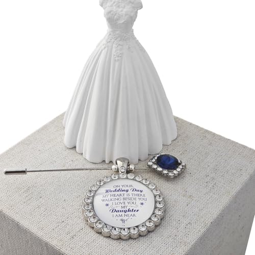 Something Blue Gift for Bride Bouquet Charms for Wedding Memory, Bridal Shower Gifts from Mom,Rhinestone Artificial Sapphire Wedding Gifts Bouquet Dress Pin with Touching Saying - style: My Daughter (WhiteK)