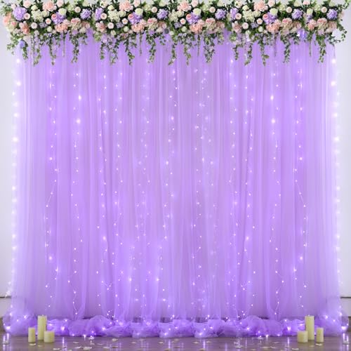 Lavender Tulle Backdrop Curtain with Led Lights for Wedding Baby Shower Girls 10ft X 8ft Lilac Lavender Sheer Backdrop Curtain for Birthday Party Bridal Shower Photoshoot Background Decorations - color: Lavender, size: 10 ft X 8 ft(2 Panels 5ft X 8ft)