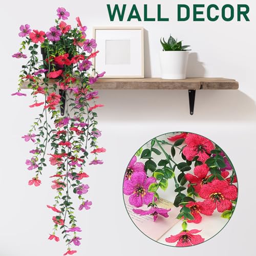 Fake Plants Hanging Artificial Potted Faux Eucalyptus Plants and Flowers for Modern Boho Farmhouse Bathroom Office Desk Wall Book Shelf Living Room Aesthetic Decor Indoor (Purple & Rose Red) - color: Purple & Rose Red