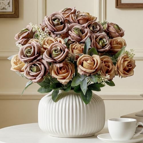 Fake Roses Brown Roses Artificial Roses Silk Roses Artificial Roses with Stems 24 Full Flower Heads Faux Roses for Outdoor Indoor Centerpieces Home Wedding Farmhouse Decor No Vase(4PCS,Brown) - color: Brown 4pcs