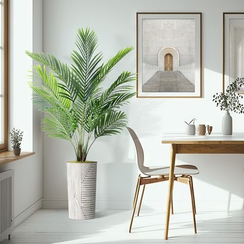 Artificial Tree in Geometric Pattern Planter, Fake Areca Tropical Palm Silk Tree for Indoor and Outdoor Home Decoration - 66" Overall Tall (Plant Pot Plus Tree) - style: Areca Palm Tree