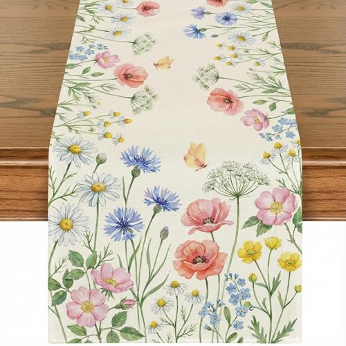Betylifoy Daisy Floral Table Runner Watercolor Wildflower Butterfly Table Runners Spring Summer Kitchen Dining Table Decoration for Home Party Coffee Table Decor, 13x71 Inch - color: Floral, size: 13x71inch