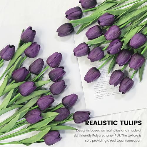 30 PCS Artificial Tulips Real Touch Tulips 13.5inch Long Stem Fake Flowers Silk Flowers for Spring Easter Mother's Day Decorations（Dark Purple） - color: Dark Purple