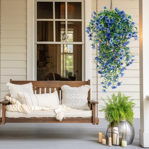 6 Pcs Spring Artificial Hanging Flowers Outdoor Faux Silk Mum Plant Decor Violet with Eucalyptus Realistic UV Resistant Trailing Vine Spring Porch Yard(Light Blue,Violet) - color: Light Blue, style: Violet