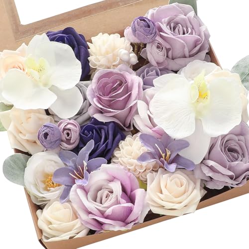 Floroom Lilac Lavender Purple Cream Artificial Flowers Fake Roses Dahlias and Greenery Combo Box Set for DIY Wedding Bouquets Bridal Shower Centerpieces Floral Arrangements Party Tables Decorations - color: Celestial Dream Lavender