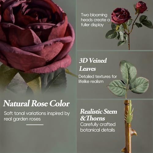 20pcs Artificial Roses Garden Style Silk Fake Rose Flowers Loose Natural Floral Bouquet Decorations for Valentine Wedding Anniversary Arrangement (Burgundy) - color: Burgundy