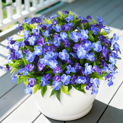 Artificial Impatiens Flowers for Outdoors, 6 Bundles Silk Fake Flowers for Spring Summer Decoration, UV Resistant Faux Plants Plastic Bouquet for Home Planter Porch Patio Yard Decor(Double Blue) - color: Double Blue