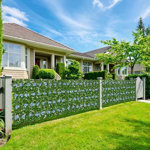 Expandable Fence Privacy Screen with Artificial Flower, Faux Privacy Fence Panel Artificial Green Wall Balcony Garden Patio Privacy Screen, Single Sided Leaves (Blue Hydrangea, 1 Pack) - color: Blue Hydrangea, size: 1 Pack
