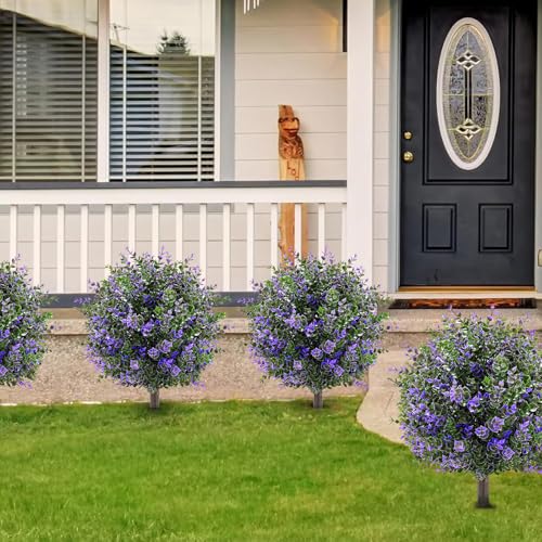 Artificial Boxwood Topiary Ball Trees with Ground Spikes UV Resistant Faux Greenery Shrubs Fake Shrubs for Outdoors, Realistic Faux Plants Bushes for Garden Porch Yard Patio Decor (Purple Green) - color: Purple Green