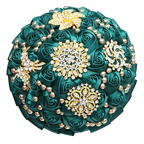Emerald Green Bridal Wedding Bouquet Luxury Gold Rhinestone Brooch Bouquet for Bride Bridesmaid Quinceanera Satin Rose Artificial Flower Bouquet Wedding Emerald Green 7.1in - color: Dark Green, size: Diameter: 7.1 inches
