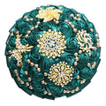 Emerald Green Bridal Wedding Bouquet Luxury Gold Rhinestone Brooch Bouquet for Bride Bridesmaid Quinceanera Satin Rose Artificial Flower Bouquet Wedding Emerald Green 9.5in - color: Dark Green, size: Diameter: 9.5 inches