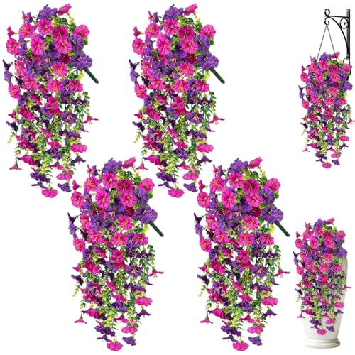 Artificial Hanging Flowers for Outdoors, 4Pcs UV Resistant Artificial Hanging Morning Glory Flowers, Spring Realistic Faux Outdoor Flower for Porch Patio Yard Garden Farmhouse Decor (Purple+Fuchsia) - color: Purple+fuchsia