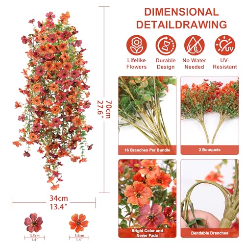 Artificial Fall Fake Flowers for Outdoor, 2 Pcs Faux Hanging Flowers Outdoor Fall Decor, UV Resistant No Fade Fake Mums Silk Flower for Front Door Porch Planters Patio Yard Garden(Orange Autumn Red) - color: Orange Autumn Red