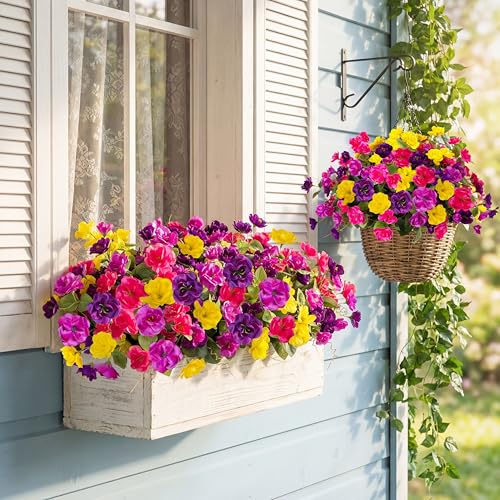 Hommyea Artificial Flowers for Outdoors, 6 Bundles Multicolor Silk Fake Hibiscus Flowers for Spring Summer Decoration, UV Resistant Fake Plants Plastic Bouquet for Home Planter Porch Patio Yard Decor - color: Deep Purple,rose Red,yellow