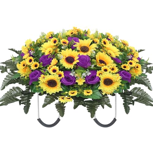 Lodou Artificial Cemetery Flowers for Grave,Headstone Flower Saddle Silk Sunflowers Grave Flowers for Cemetery Memorial for Outdoor Gravesite Decoration (Purple) - color: Purple
