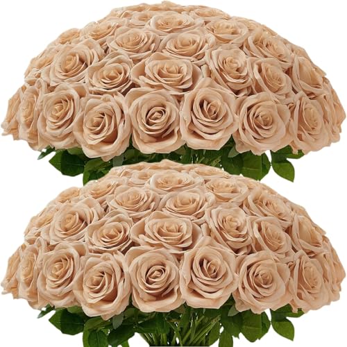 100 Pcs Artificial Roses Bulk Silk Beige Roses Tan Roses for Wedding Centerpieces Bridal Bouquet Mohter's Day Valentine's Day Home Decor - color: Beige