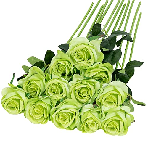 Hawesome 12PCS Artificial Silk Flowers Realistic Roses Bouquet Long Stem for Home Wedding Decoration Party (Green) - color: Green, size: 12Pcs Flowers