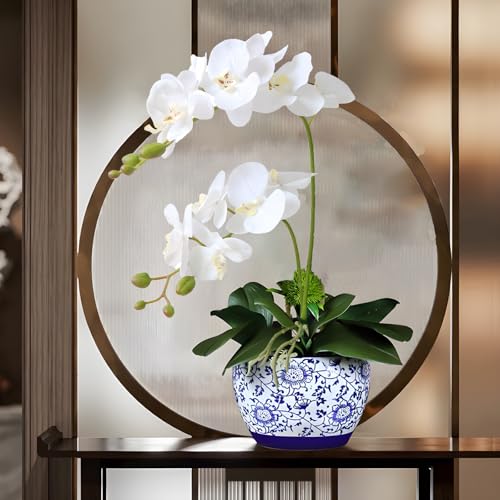 2 Branches Artificial White Phaleanopsis Flowers Faux Orchids Stems Leaves Plants for Home Bonsai Garden Decoration (White)