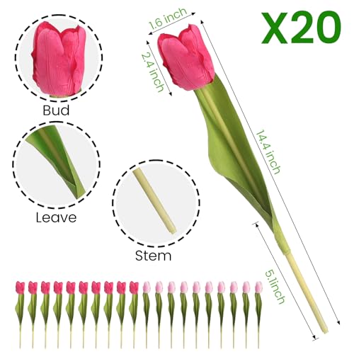 Artificial Tulips - 20 Stems Real Touch Realistic Fake Tulip Flowers Premium Silk Feel UV-Resistant Anti-Fade Waterproof Lifelike Tulips for Home Decor, Wedding Party DIY (Light Pink & Fuchsia) - color: Light Pink & Fuchsia
