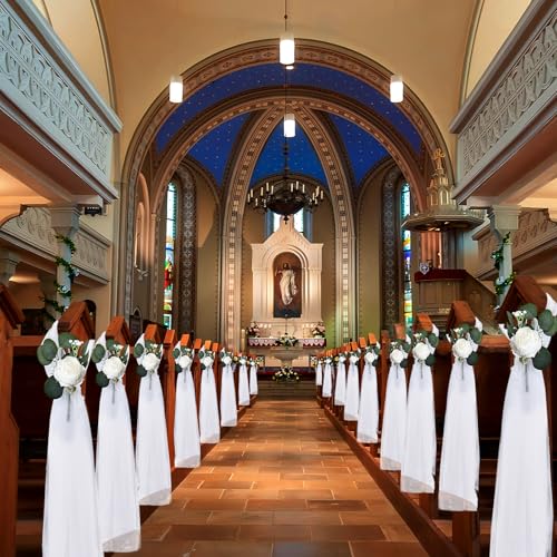 20 Sets Wedding Aisle Decorations, 39.4 Inches Artificial Silk Rose Flowers with Long Tulle Tails for Church Pew Chair Bench, Ceremony Reception Party Bridal Shower Arrangements - White - color: White