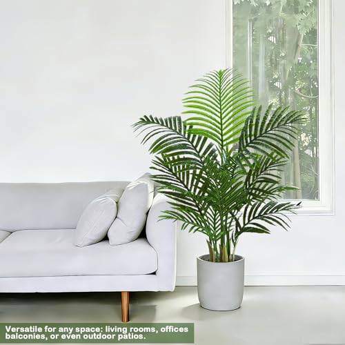 Artificial Palm Tree Indoor, 3.5FT Tall Faux Plants, Fake Tropical Silk Floor Plant with White Planter, Faux Areca Palm Plant Artificial Tree in Pot for Home Room Office Outdoor Patio Decor