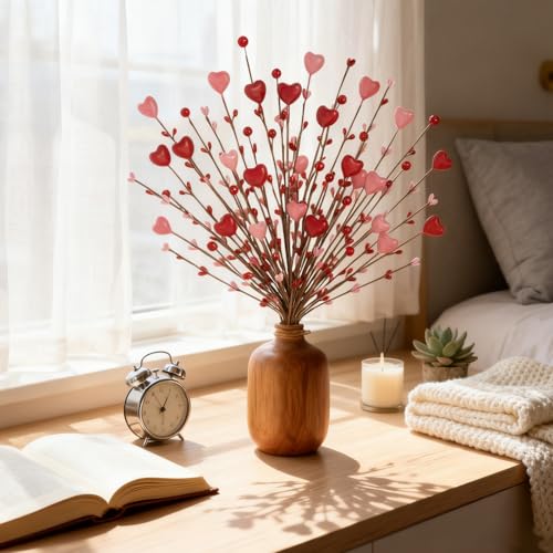 6 Pcs Artificial Berry Stems Pink Red Heart Shaped Flowers for Vase, Faux Branches for Wedding Anniversary Valentine’s Day Romantic Home Table Centerpieces Decor