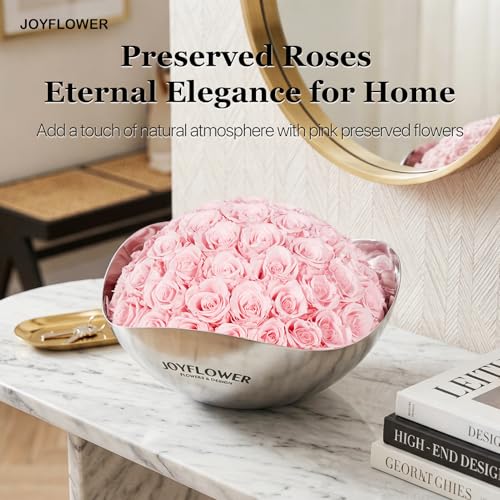 JoyFlower Preserved Flowers Decor, Eternal Roses in Stainless Steel Bowl Decors for Table Centerpiece, Forever Flowers Decorations for Home Living Room Bedroom Coffee Shop House Office(Small, Pink) - color: Pink, size: Small
