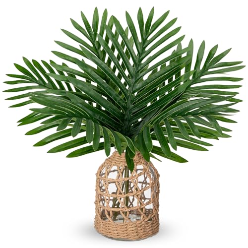 Fake Plants 14.2" Faux Palm Plant in Glass Vase, Realistic Tropical Fake Palm House Plants Artificial Palm Leaves Greenery Stems for Home Bathroom Office Farmhouse Balcony Shelf Centerpiece Décor - color: Palm