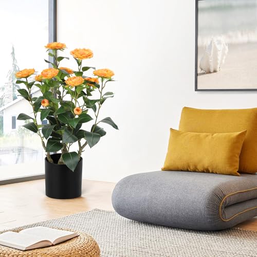 Romantic Season 2FT Orange Artificial Camellia Tree 2Pack, Faux Camellia Plant Fake Potted Camellia Flower Tree for Modern Home Office Living Room Floor Décor - color: Orange, size: 2FT
