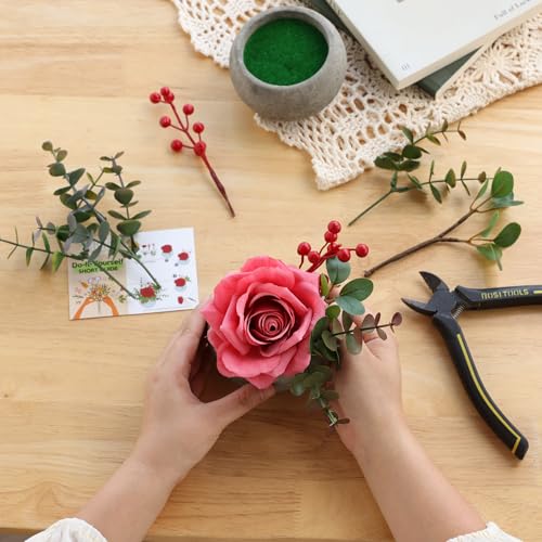 mizii DIY Small Artificial Flowers Potted Kit Fake Flower Realistic Silk Rose and Greenery with Vase for Gifts Table Centerpiece Mantle Office Desk Shelves Living Room Decorations (Pink) - color: Pink