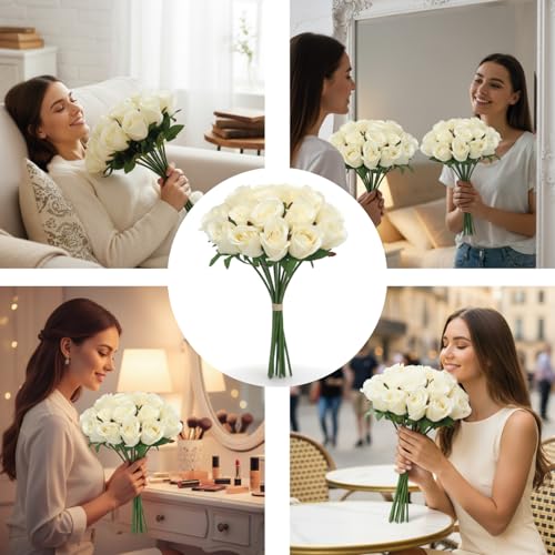 Cream Roses, Bunch of 18 Faux Flowers Bouquet, (12") 30cm Realistic Artificial Roses with Stems for DIY Weddings Bridal Shower & Christmas Party Arrangements - color: Cream