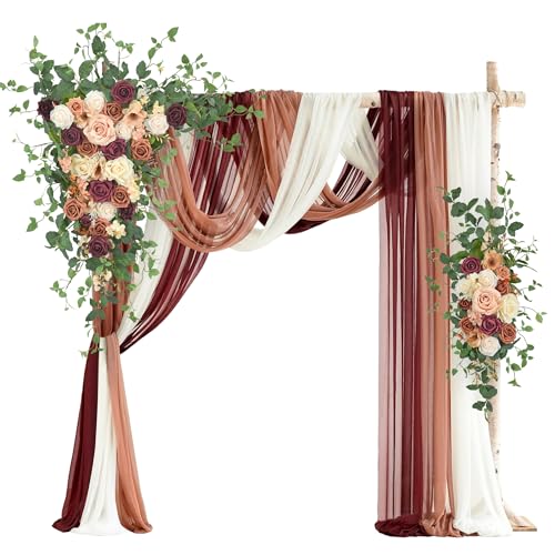Wedding Arch Flowers with Drapes Kit (Pack of 5) - 2pcs Artificial Sunset Terracotta & Burgundy Deluxe Swag with 3pcs Sheer Drapes for Wedding Ceremony Arbor Reception Backdrop Decoration - color: Terracotta & Burgundy & Cream