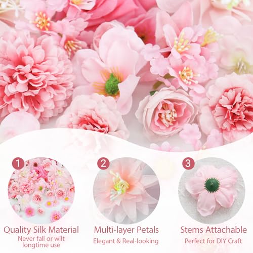 Artificial Flowers Heads Pink Silk Faux Flower Heads Fake Roses Peonies Lily Daisy Flowers Bulk for DIY Craft Cake Wedding Party Bridal Baby Shower Graduation Cap Table Home Decoration - color: Pink