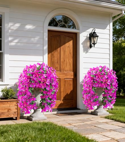 HyeFlora Bougainvillea Artificial Hanging Flowers Plants for Outdoors Decoration, 2pcs Purple Fake Flowers Silk Bougainvillea Vines Realistic UV Resistant Faux Flowers for Outdoor Planters Patio Urn - color: Purple