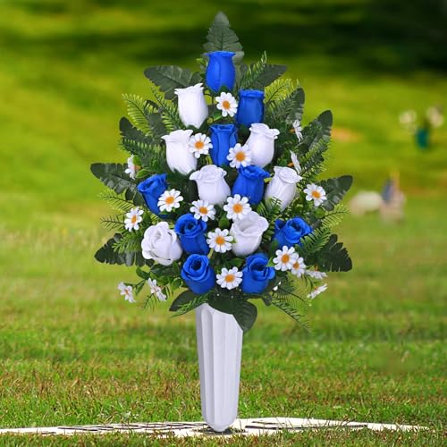 Dolicer 2 Sets Artificial Cemetery Flowers for Grave, Realistic Grave Flowers Memorial Flower UV Resistant Silk Rose Flower with Vase for Cemetery Decorations (Blue, White) - color: Blue, White, size: Flowers in Vase