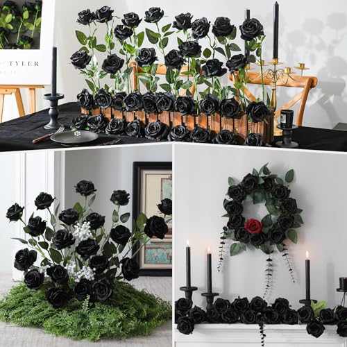 Luyue 10PCS Artificial Roses Flower with Stems Slik Fake Flowers Bouquet Realistic Long Stem Faux Rose for Valentines Day Wedding Home Decor - color: Black
