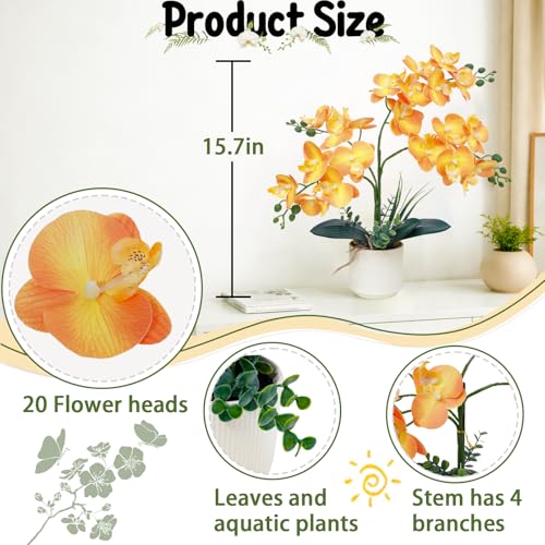 ucky Orange 15.7" 3D Lifelike Artificial Orchid Plant with 20 Heads, Realistic Faux Phalaenopsis in Ceramic Pot for Home Decor, Elegant Fake Flower Arrangement Table Centerpiece - color: Orange