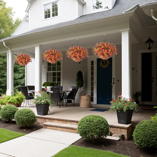 INXUGAO Artificial Silk Flowers Hanging Baskets for Outdoors Indoors, Daisy with Eucalyptus Leaves Arrangement for Garden Yard Decor, Faux Green Plant in Metal Coconut Lining Flowerpot(Orange Brown) - color: Orange Brown