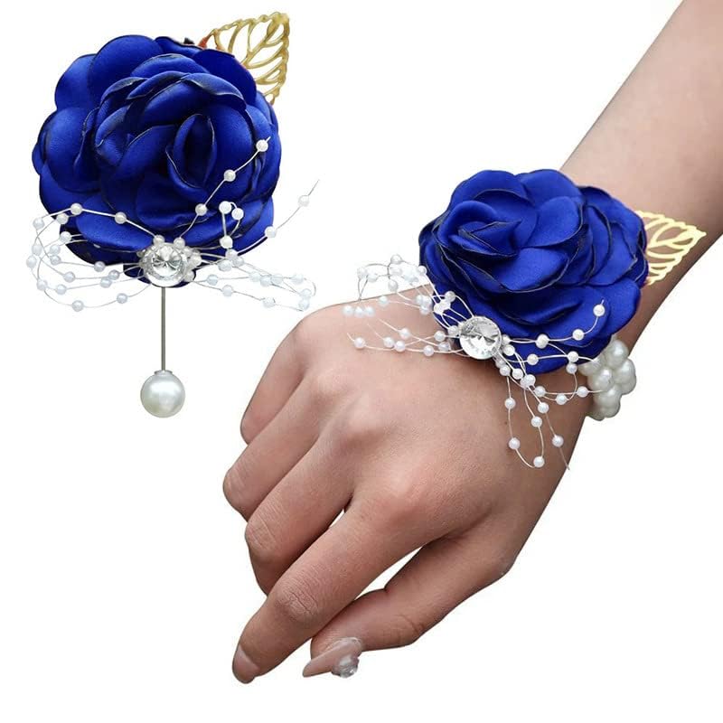 WANLIAN Blue Bridesmaid Wrist Corsage Wedding Flowers Prom Rose Corsage and Boutonniere Set for Wedding Party Prom Wedding Ceremony Anniversary Set of 2(Blue) - color: Blue