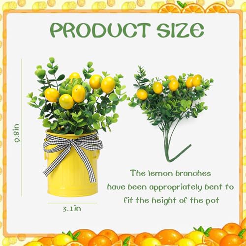 3 Pack Spring Lemon Decor for Kitchen, Artificial Lemons Branches with Colorful Metal Pots, Spring Summer Farmhouse Greenery Decoration for Home Kitchen Living Room - color: Lemons Branches + Pots