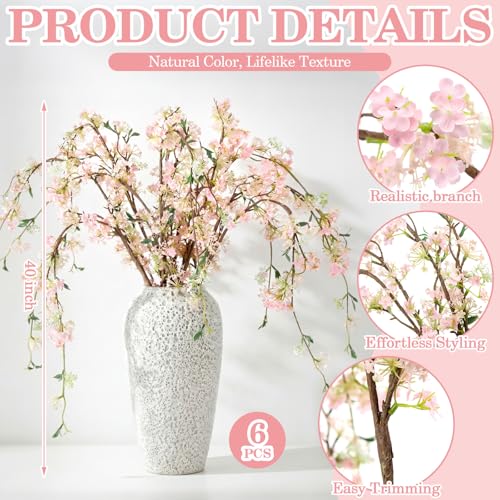 Zeyune 6 Pcs Artificial Cherry Blossom Branches with Green Leaves 40" Summer Evergreen Faux Stem Plastic Plant Stem Picks Sprigs for Tall Vase DIY, Modern Home Table Wedding Indoor Outdoor Decor - color: Pink, size: Blossom Style