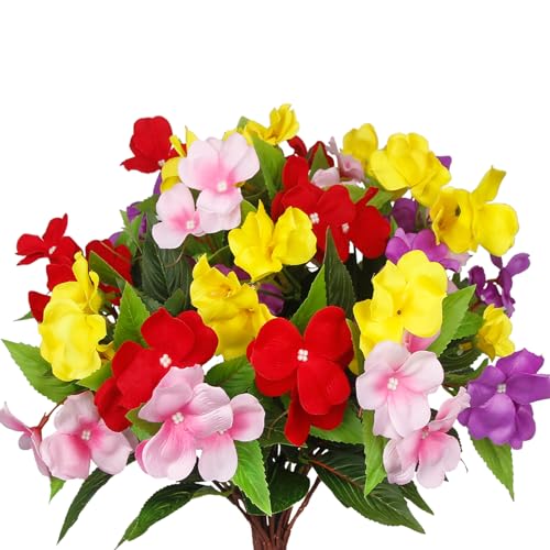 CITYES 4 Pcs Artificial Flowers for Outdoors Impatiens UV Resistant Silk Flowers Hibiscus Faux Impatiens Flowers for Outdoor Planters Pot Patio Garden Hanging Basket Porch Table Indoor Decor - color: Pink, Purple, Red, Yellow