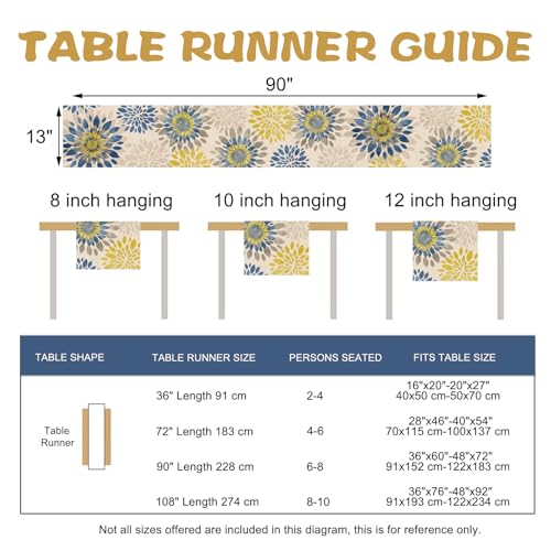 Geometric Dahlia Flower Dining Table Runner, Blue Yellow Floral Modern Art Burlap Kitchen Decoration, Spring Summer Farmhouse Indoor Outdoor Home Decor Party Supply 13 x 90 Inches - color: Dahlia, size: Table Runner 13''X90''