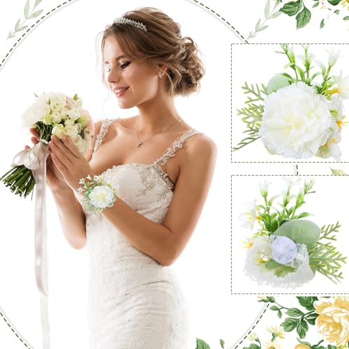 Sherr 12 Pcs White Wrist Corsage with Ribbon Wedding Wrist Flower Artificial Carnation Silk Wristband Decor for Wedding Bridal Bridesmaid Women Flower Tea Party Prom Homecoming Accessories